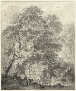 Paysage forestier avec deux garçons et un chien assis près de l