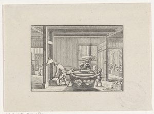 Personnages travaillant dans un atelier de papier