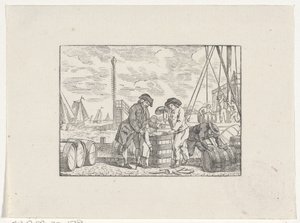 Hommes travaillant sur un quai avec des barils de poisson