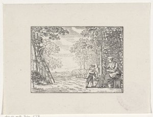 Femme dans un verger épluchant une pomme pour un garçon - Hendrik Numan