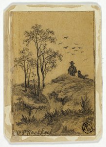 Chasseur et chien sur la colline regardant les oiseaux - Hendrik Pieter Koekkoek