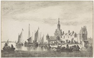 Vue de rivière avec commerçants sur une rive près des maisons