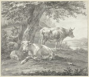 Deux vaches et deux moutons sous un arbre près d