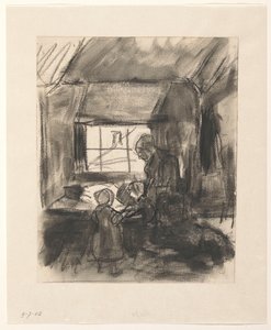 Intérieur avec femme et deux petits enfants - Hendrik Valkenburg