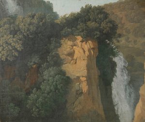Falaises envahies par la végétation avec une cascade en Italie, peut-être à Tivoli