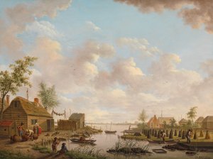 Paysage avec pêcheurs et paysans extrayant de la tourbe dans un marais