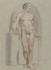 Nu masculin debout, avec un bâton à la main, appuyé sur un cylindre d
