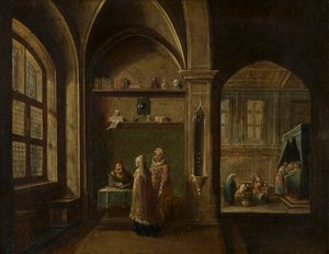 Un intérieur de la Renaissance avec des figures : La naissance de Saint Jean - Hendrik the Younger Steenwyck