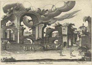 Ruines des Thermes de Dioclétien avec deux hommes jouant au croquet au premier plan, 1585