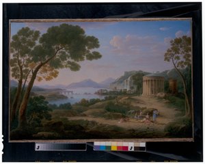 Un vaste paysage classique avec des figures assises devant un temple - Hendrik van Lint
