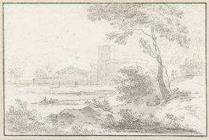 Paysage italianisant avec bâtiment fortifié en arrière-plan - Hendrik van der Straaten