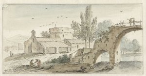 Paysage italianisant avec un pont en pierre - Hendrik van der Straaten