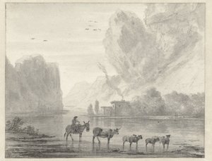 Paysage fluvial rocheux avec un berger et son bétail et ses moutons - Hendrik van der Straaten