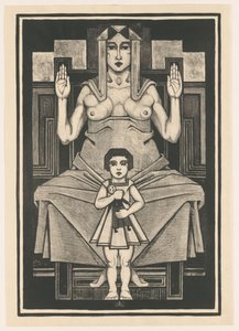 Composition stylisée avec un enfant devant une femme assise