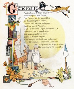 Lettre G Générosité - Gendarme Grue Guêpe Godets Giroflée Gourde Grenouille - Gravure dans "Alphabet des bons exemples" - Jules Levy, éditeur - Illustrations de Henri Boulanger, alias Henri Gray (1858-1924). Textes (poèmes) de Mme P. Boulanger - Henri (1858 1924) Gray