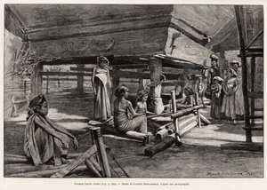 Femmes Batak, groupe ethnique de Sumatra Nord, tissant. Gravure par Laurent Desrousseaux pour illustrer l
