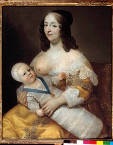 Représentation du futur roi Louis XIV (1638-1715) bébé, en maillot de bain dans les bras de sa nourrice Marie de Longuet de la Giraudière - Henri Beaubrun