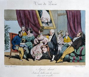 Représentation humoristique du comportement et de la conversation des invités après le dîner, caricature pour 