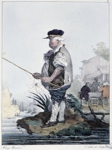 Homme pêchant: "Chacun prend son plaisir où il le trouve" - dans "Les passe-temps" par Henri Monnier, éd. Delpech, Paris - Henri Bonaventure Monnier