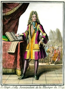 Portrait en pied de Jean Baptiste Lully (Giovanni Battista Lulli) (1632-1687) Surintendant de la Musique du Roi. Gravure par Henri Bonnart (1642-1711)