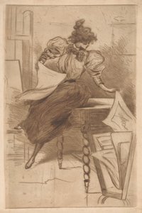Femme regardant des estampes dans un présentoir - Henri Boutet (possibly)