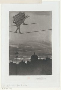 Funambule avec un paquet sur le dos au-dessus d