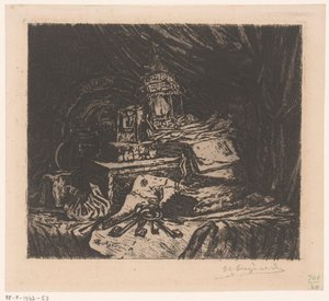 Nature morte avec clés et lanterne - Henri Charles Guérard (signed by artist)