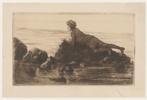 Garçon allongé sur des rochers sur la plage - Henri Charles Guérard