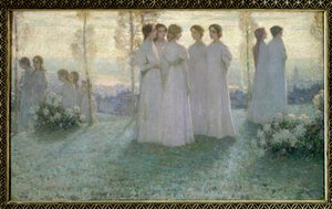 Le dimanche, femme vêtue de blanc parlant dans un jardin. Peinture de Henri Eugène Le Sidaner (1862-1939)
