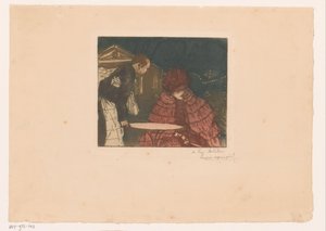 Femme sur une terrasse avec serveur - Henri Evenepoel (signed by artist)