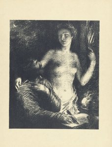 Homme assis avec un stylo à la main et un livre ouvert, et à côté de lui une femme nue comme muse ou inspiration (Inspiration) (série L