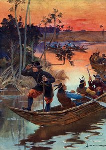 René Robert Cavelier de La Salle (1643-1687), explorateur français et ses compagnons descendant le fleuve Mississippi pour la France