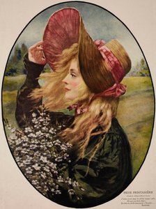 Jeune femme portant un chapeau de paille, tenant un bouquet de fleurs