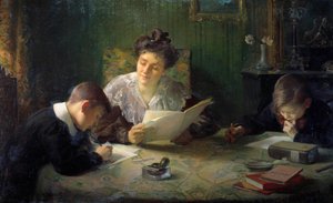 Devoirs Une mère aide ses enfants à faire leurs devoirs - Henri Jamet