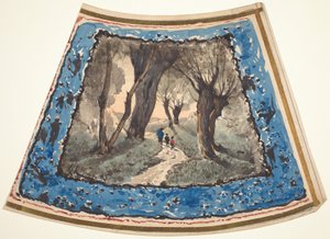 Voyageurs sur un chemin boisé avec une bordure de figures fantaisistes et de singes - Henri Joseph Harpignies