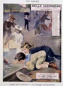 Enfants jouant aux bateaux au Jardin des Tuileries par Jean Geoffroy, calendrier «Belle Jardinière», série «Nos Jardins», octobre, n.d. vers 1900