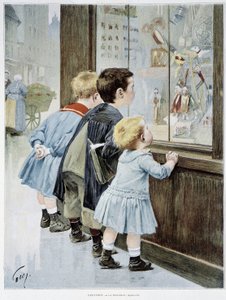 La Tentation : Enfants devant une vitrine regardant des jouets - ill. par Geoffroy, dans « Figaro illustré » - Henri Jules Jean Geoffroy