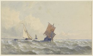 Vue en pleine mer, avec trois voiliers - Henri Le Hon