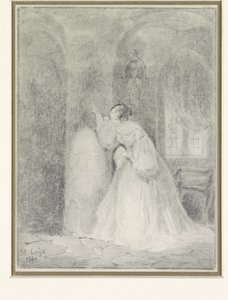 Intérieur avec jeune femme appuyée contre une colonne - Henri Leys (baron)