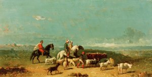 Groupe de cavaliers arabes avec un berger de chèvres dans une vaste plaine - Henri Lucien Robert