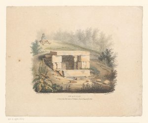 Landschap met stapel stenen en zittende man