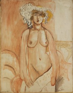 Antoinette debout, torse nu, coiffée d