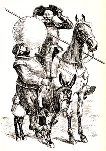 Don Quichotte sur son cheval, à côté de Sancho sur son âne
