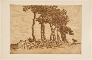 Alte Frau mit einem Bündel nahe einer Baumreihe - Henri Rivière