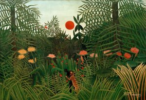 Forêt vierge au coucher du soleil. Black attaqué par un léopard - Henri Rousseau