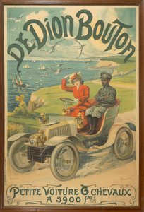 Publicité pour les voitures De Dion Bouton représentant La Belle Otero au volant et Michel Zelete, valet du marquis de Dijon à côté d