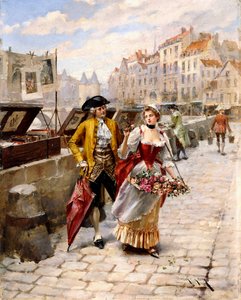 Gentleman et marchande de fleurs près des étals de livres par la Seine - Henri Victor Lesur