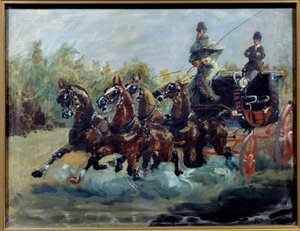 Alphonse de Toulouse-Lautrec conduisant sa malle-poste. La malle-poste est une berline à quatre chevaux, avec plusieurs rangées de sièges sur le toit de la voiture - Henri de Toulouse Lautrec