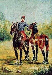 Deux chevaux et un palefrenier, 1880