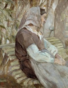 Vieille Femme assise sur un banc, à Céleyran